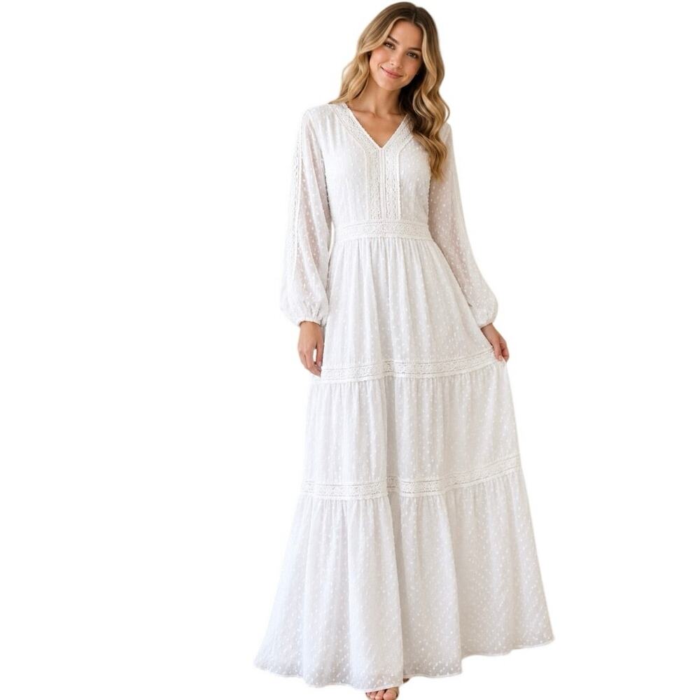 Covenant Apparel White Temple Dress Swiss Dot Lace Long Sleeve Modest Maxi